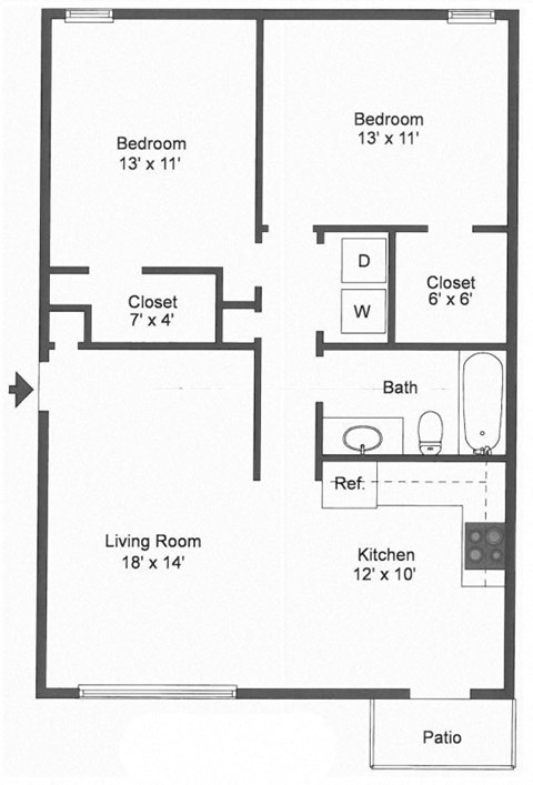 Floor plan for 2 beds, 1 bath, 988 sqft